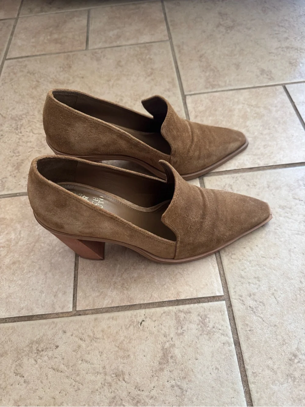 Franco Sarto Tan Suede Pointed-Toe Block Heel Loafers